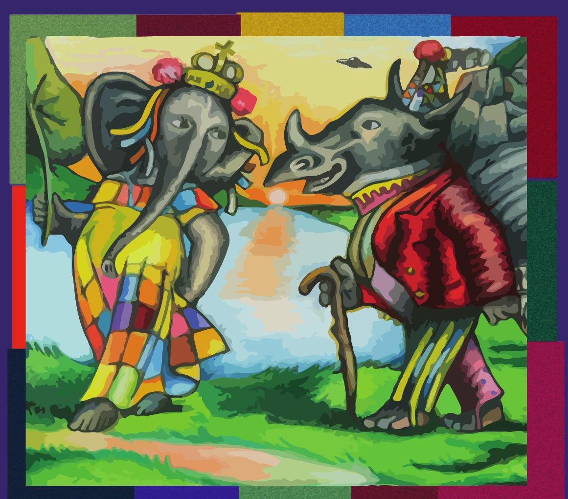 Original La Pandora illustration of an elephant and a rhinoceros